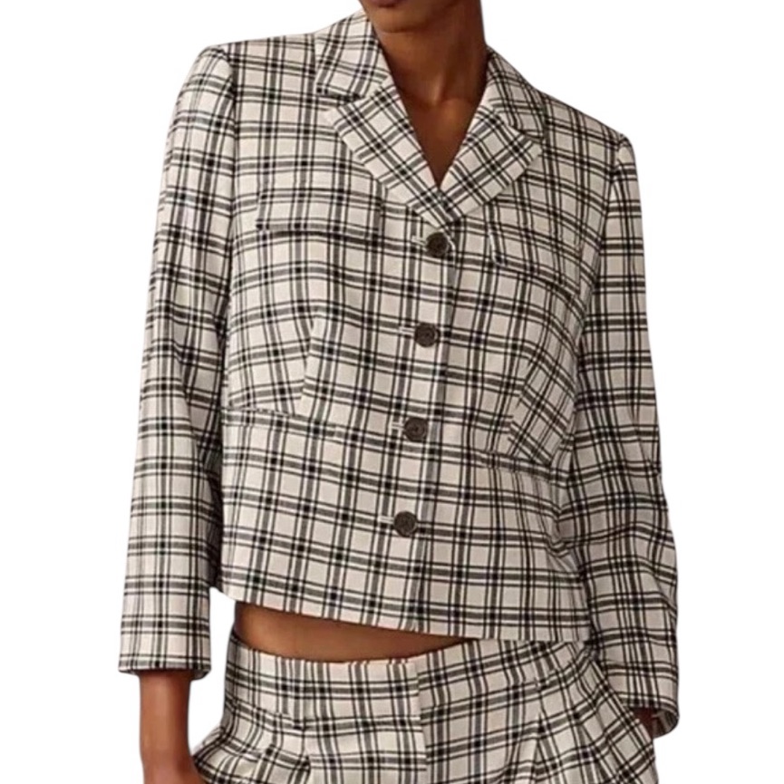 New J. Crew Collection White Black Plaid Italian City Wool Blend Crop Blazer - 2